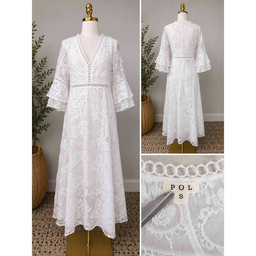 POL White Embroidered Lace Boho Midi Dress Size Small